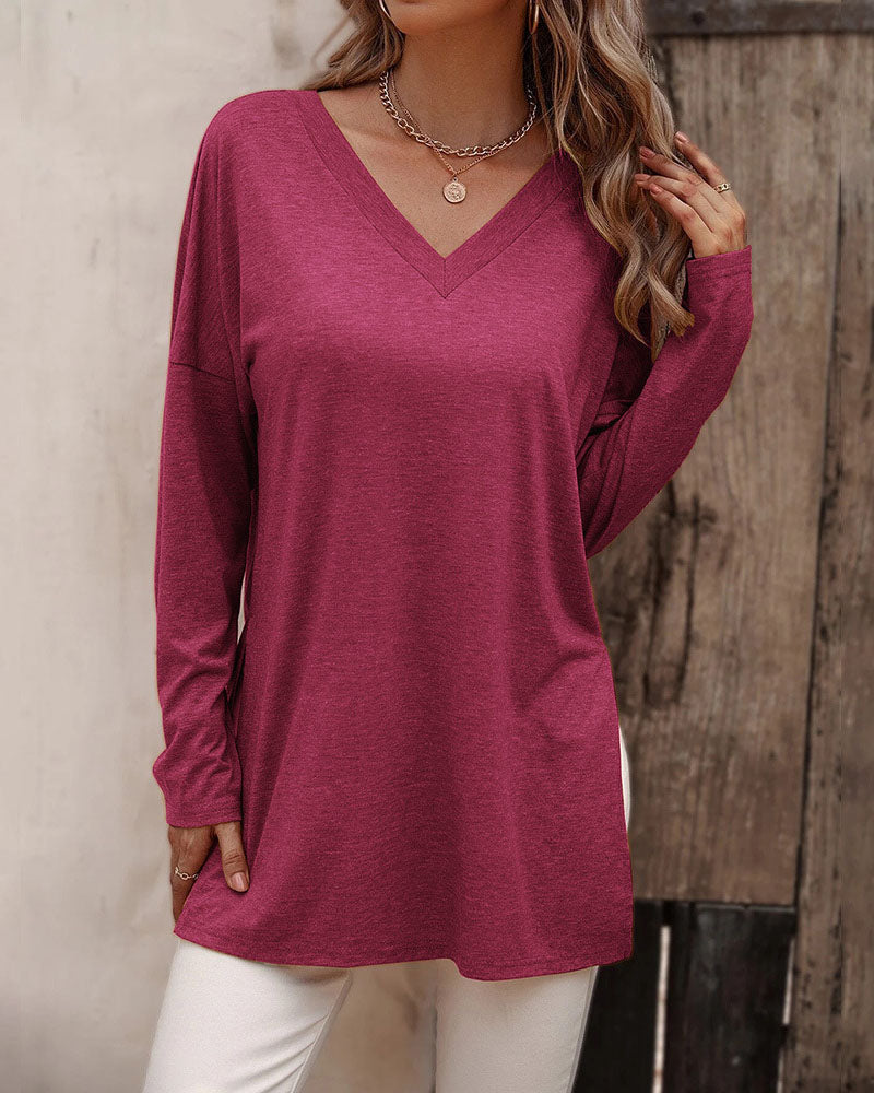 Creamtopmall Loose hem slit knitted long-sleeved T-shirt