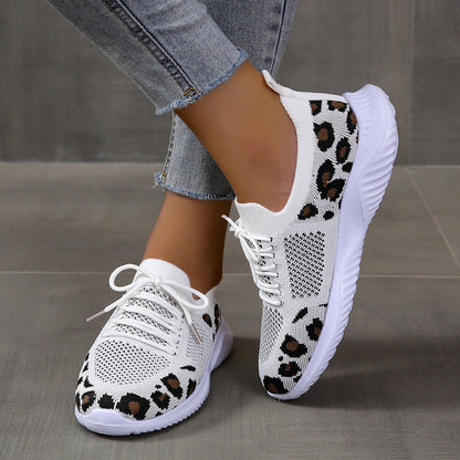 Creamtopmall Flyknit Breathable Leopard Print Color-block Sneakers