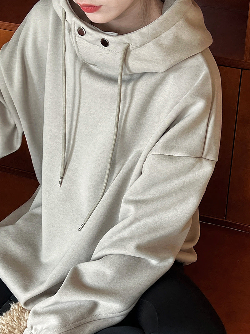 Creamtopmall Half High Collar with Button Details Thick Loose Hoodie