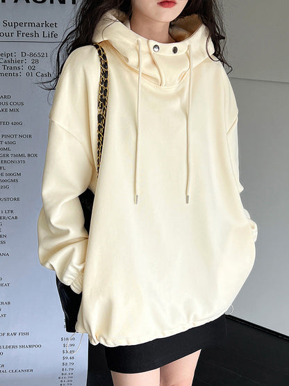 Creamtopmall Half High Collar with Button Details Thick Loose Hoodie