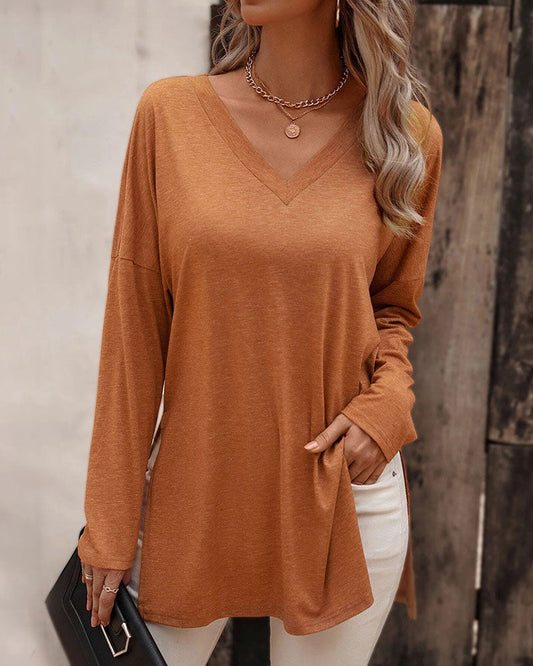 Creamtopmall Loose hem slit knitted long-sleeved T-shirt