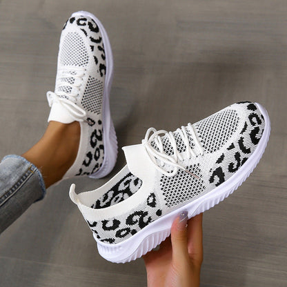 Creamtopmall Flyknit Breathable Leopard Print Color-block Sneakers