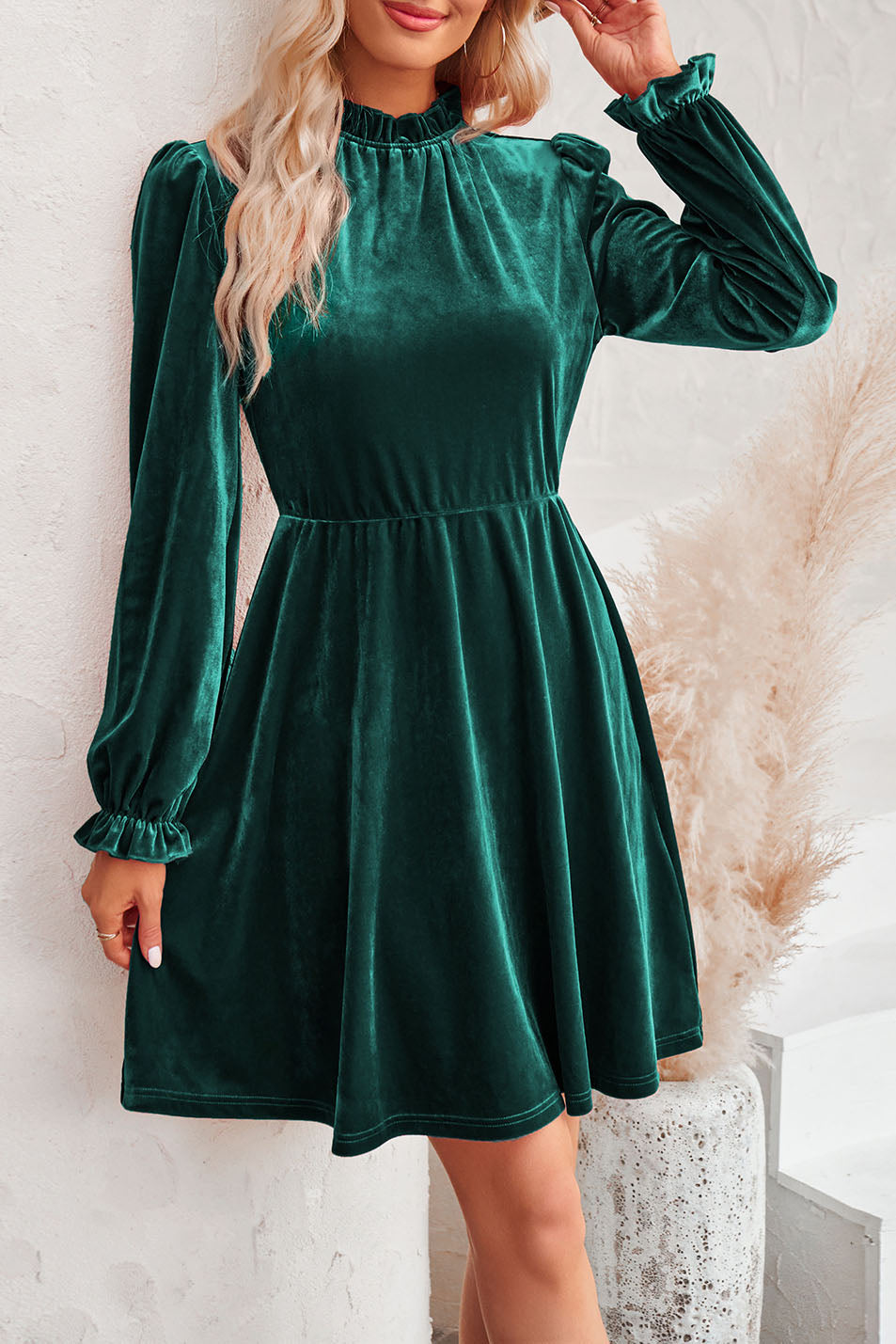 Creamtopmall High collar velvet waisted lantern sleeve retro dress