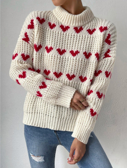 Creamtopmall Half High Neck Loose Fit Love Heart Jacquard Knit Sweater