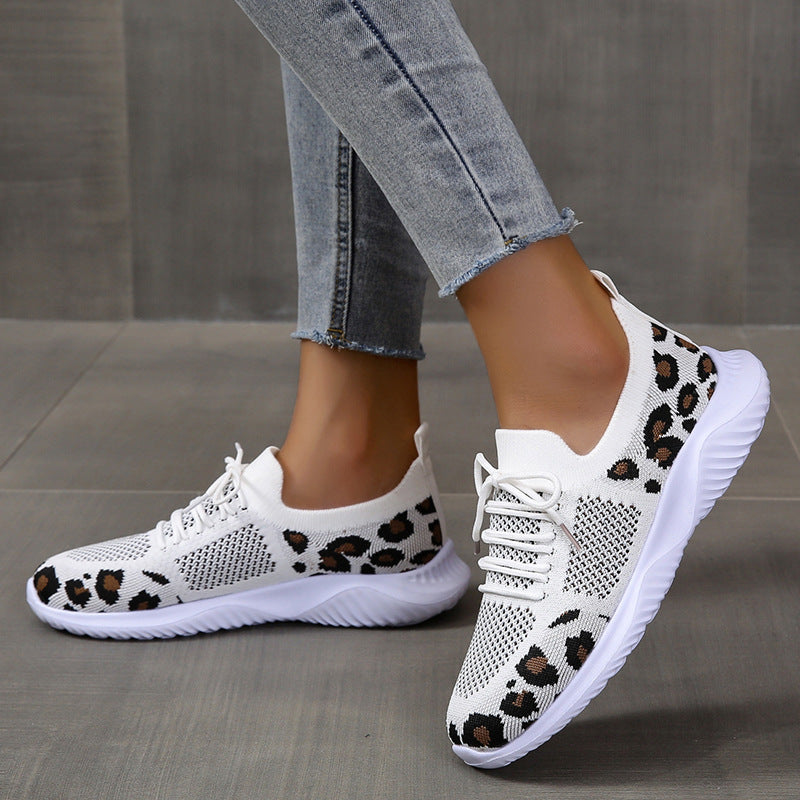 Creamtopmall Flyknit Breathable Leopard Print Color-block Sneakers