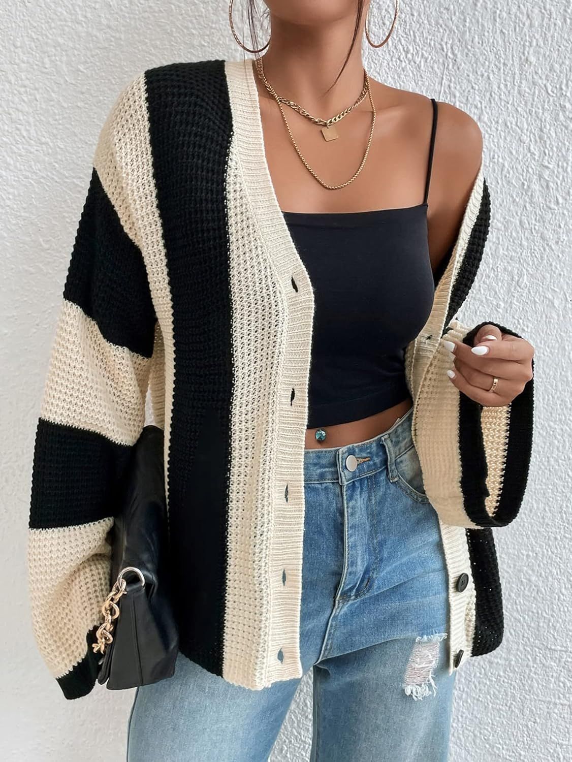 Creamtopmall Striped contrast bell sleeve knitted cardigan