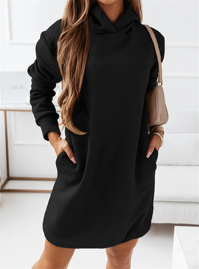 Creamtopmall Mid-length pockets hooded sweatshirt dress