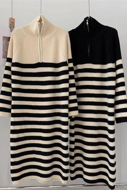 Creamtopmall Zip half turtleneck contrast striped mid-length knitted dress