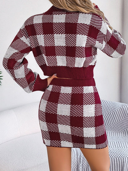 Creamtopmall Plaid long sleeve short sweater skirt suit