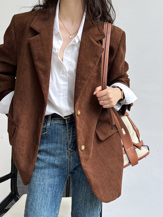 Creamtopmall Vintage loose metal buckle corduroy blazer