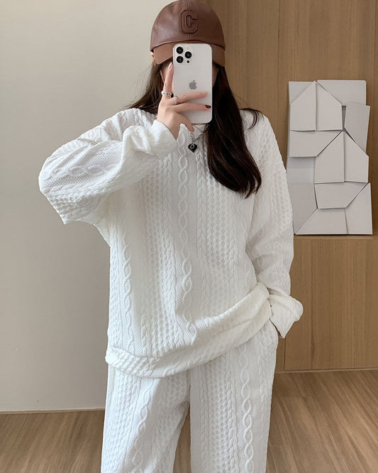 Creamtopmall Long Sleeve Sweatshirt & Dual Pockets Pants Textured Two-piece Set