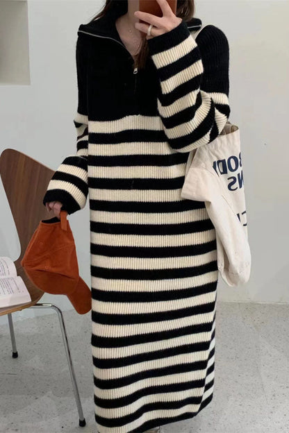 Creamtopmall Zip half turtleneck contrast striped mid-length knitted dress