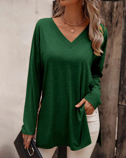 Creamtopmall Loose hem slit knitted long-sleeved T-shirt