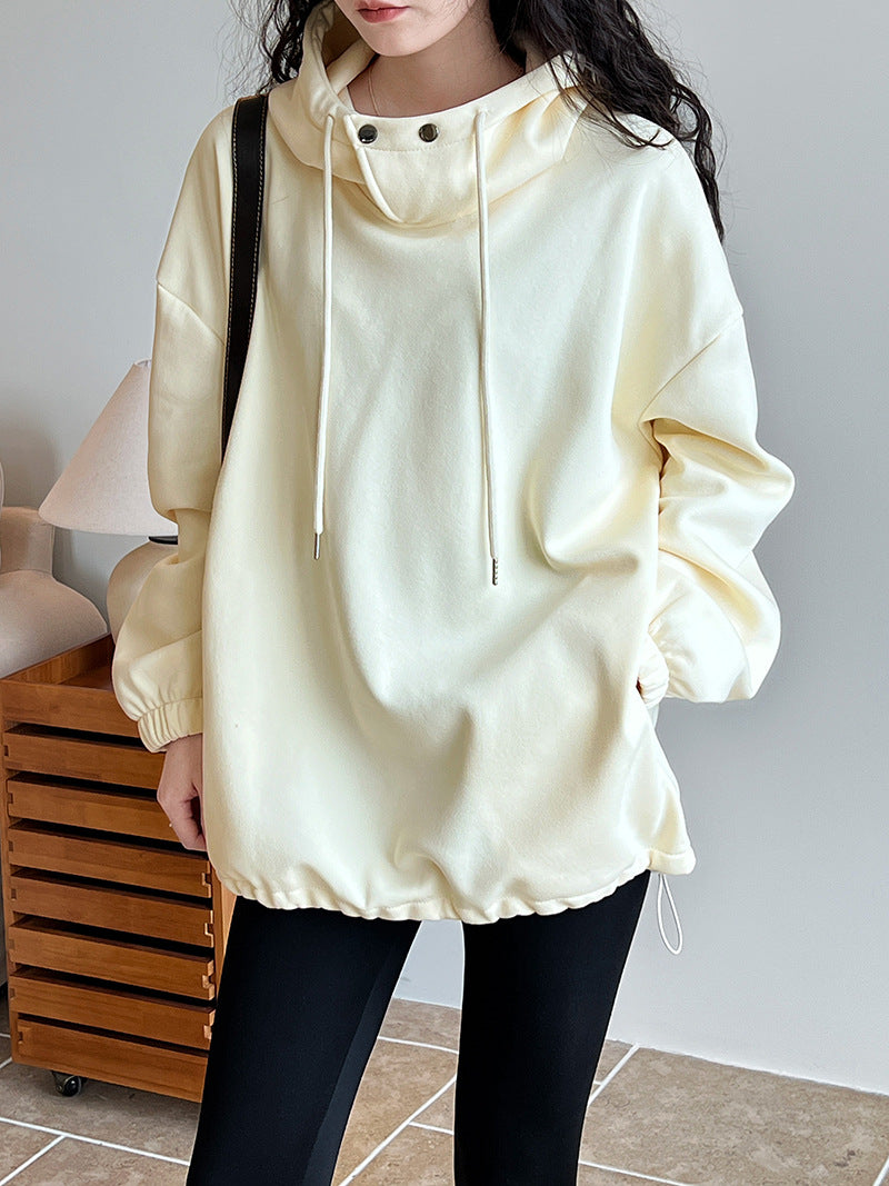 Creamtopmall Half High Collar with Button Details Thick Loose Hoodie