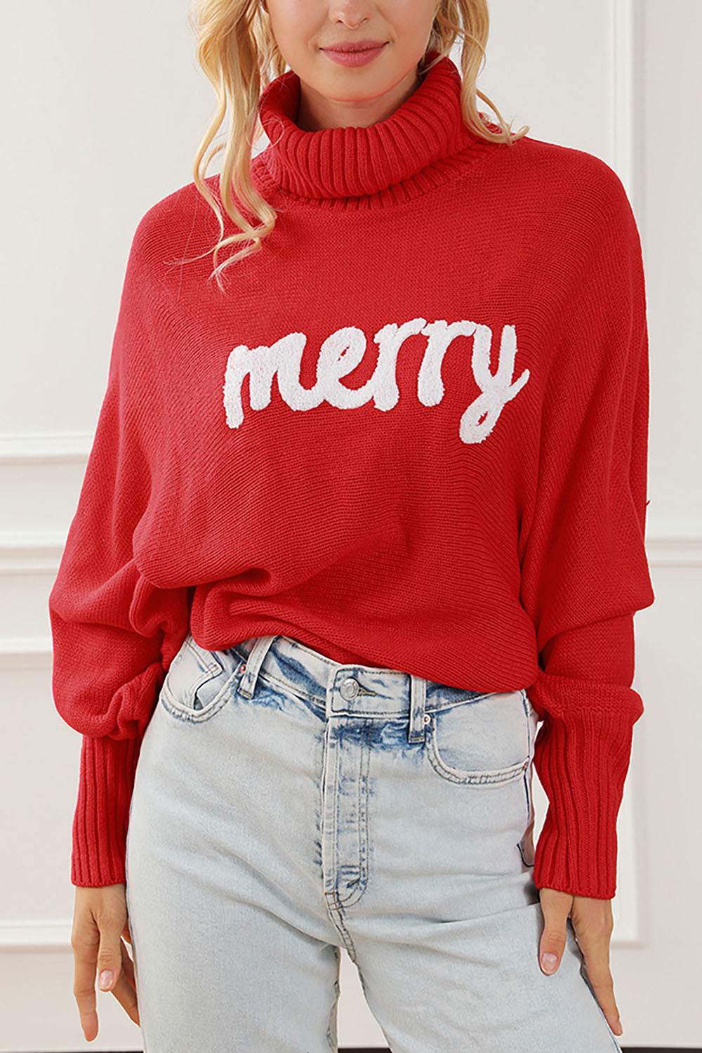 Creamtopmall Merry Holiday turtleneck bat sleeve sweater