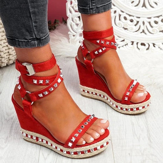 Creamtopmall Studded Cross-strap Wedge Sandals