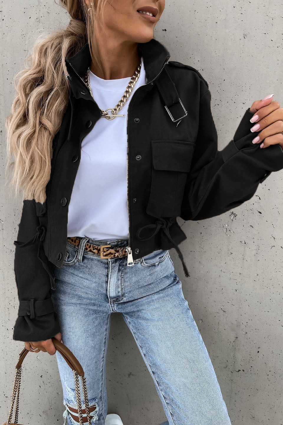 Creamtopmall Back In Town Washed Cropped Biker Jacket