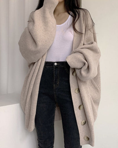 Creamtopmall V-neck single-breasted loose lantern sleeve knitted cardigan