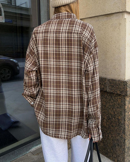 Creamtopmall Dual Pocket and Check Stripes Vintage Mid-Length Shirt