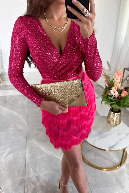 Creamtopmall Deep V long-sleeved sequined plush patchwork dress