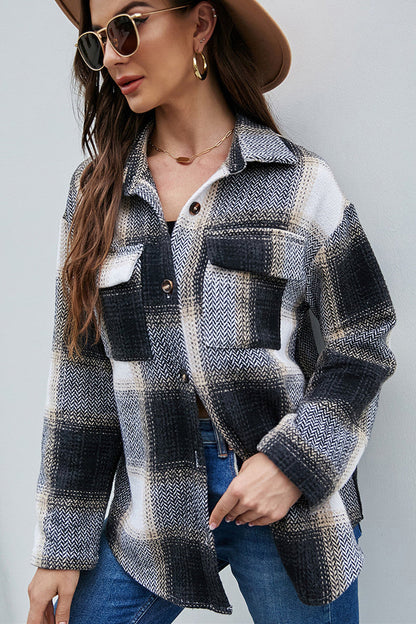 Creamtopmall Single-breasted Coarse Woven Plaid Shirt Jacket