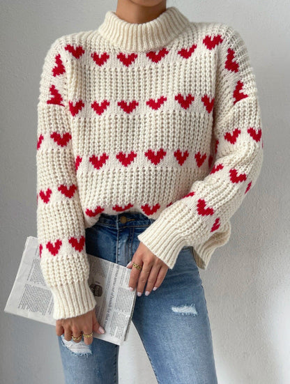 Creamtopmall Half High Neck Loose Fit Love Heart Jacquard Knit Sweater