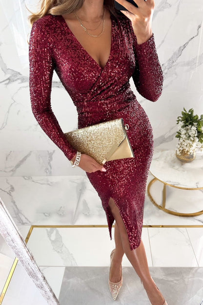 Creamtopmall Deep V sequin slit long-sleeved dress