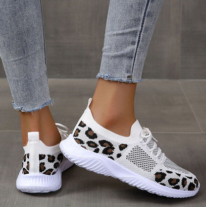 Creamtopmall Flyknit Breathable Leopard Print Color-block Sneakers