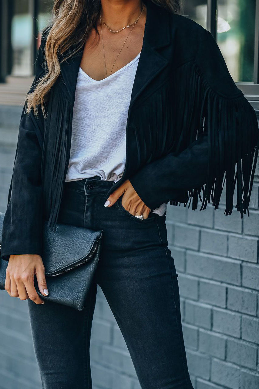 Creamtopmall Vintage Lapel Long Sleeve Fringe Cropped Hippie Jacket