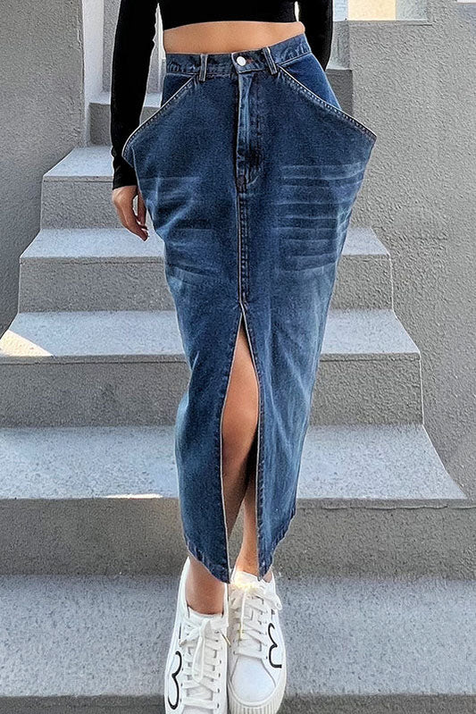 Creamtopmall Irregular Large Pocket Small Slit Denim Skirt