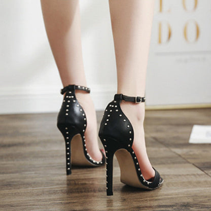 Creamtopmall Thin Heel PU Leather Rivet Peep Toe Shoes