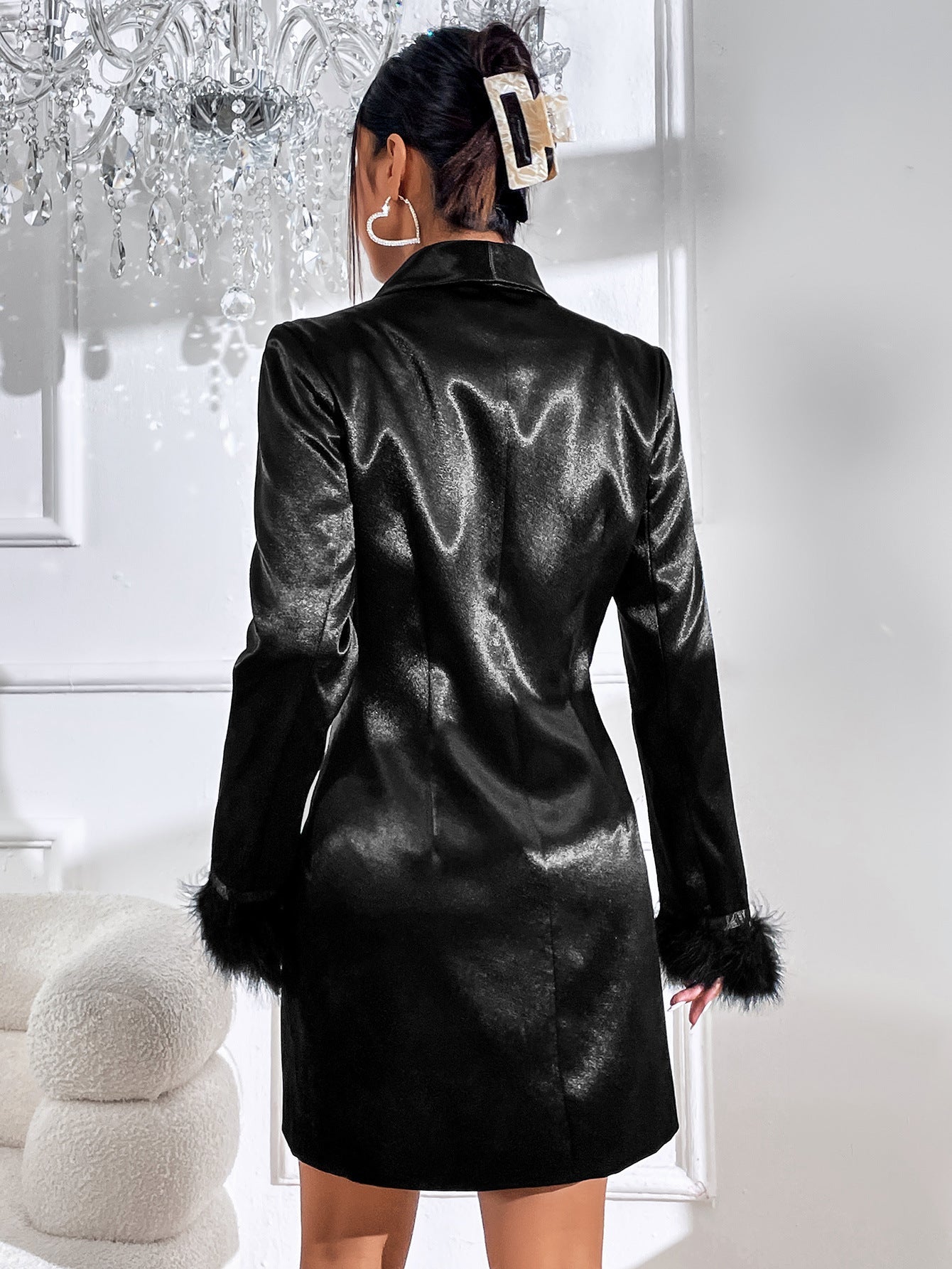 Creamtopmall Black Double Breasted Fur Cuff Satin Suit Dress