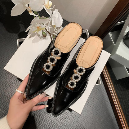 creamtopmall Summer Shoes Women Pearl Women Slippers Covered Toe Chunky Mules Patent Leather Shoes for Women Slingback Sandals Handmade Shoes