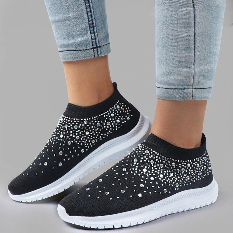 Antmvs Shining Crystal Flats Shoes for Women Plus Size Breathable Mesh White Sneakers Woman  Spring Summer Soft Sole Sports Shoes