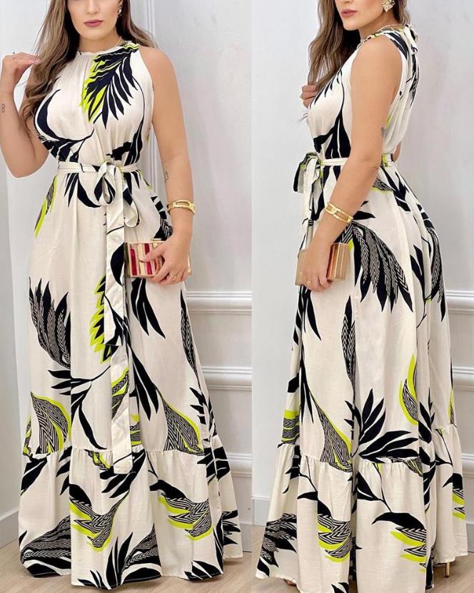 creamtopmall Dresses for Women 2023 Spring Fashion Leaf Print Sleeveless Casual O-Neck Maxi Daily Vacation Dress with Belt