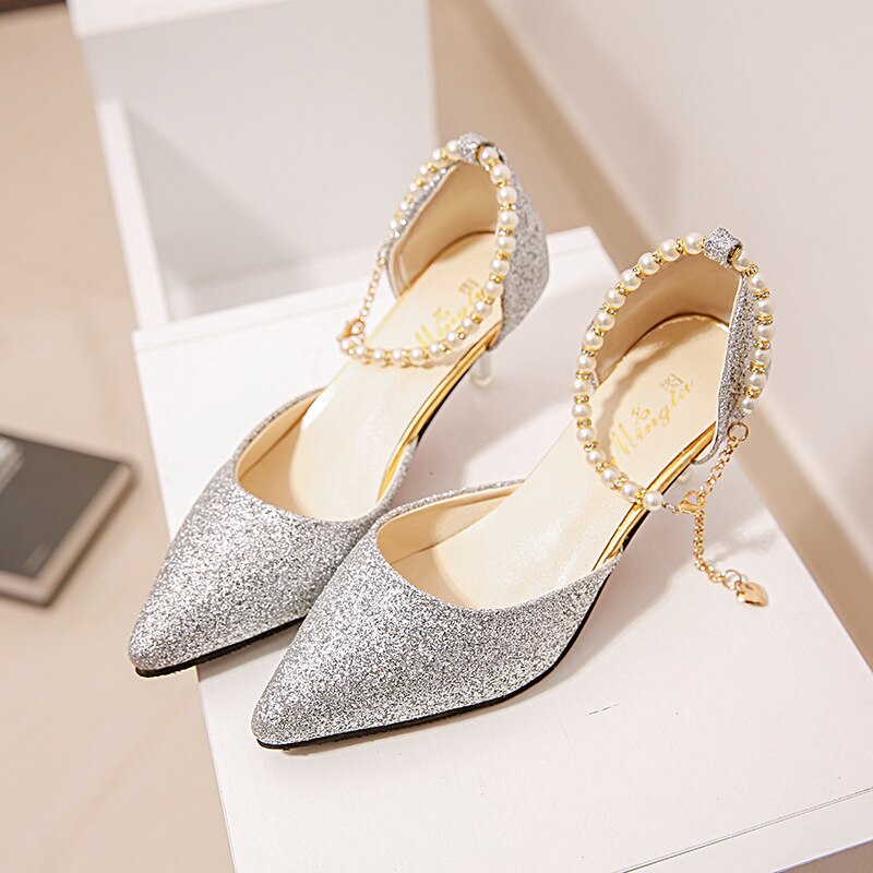 creamtopmall   Pointed toe Pearl High heels shoes Female Fashion hollow with Sandals Paillette of the Thin Breathable shoes Women Pumps