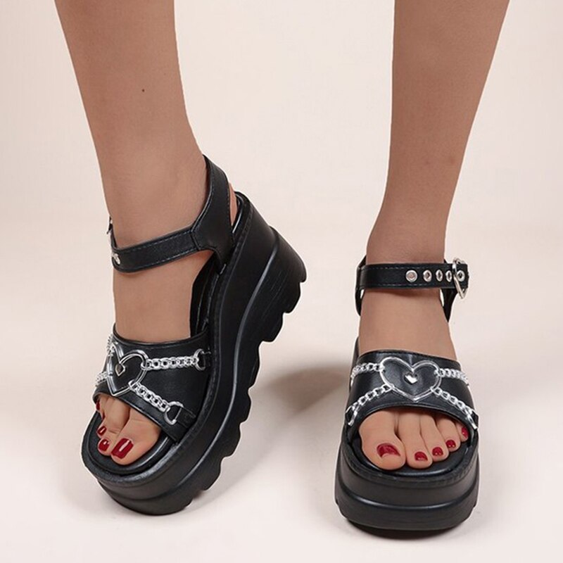 Antmvs Black Gothic Wedge Sandals Women Summer Y2K Style Chunky Platform Sandals Women Punk Buckle Thick Bottom Lolita Shoes Plus Size