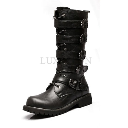 creamtopmall-New Men's Leather Motorcycle Boots Military Boots Gothic Belt Punk Boots Men's Shoes Outdoor Tactical Military Boots