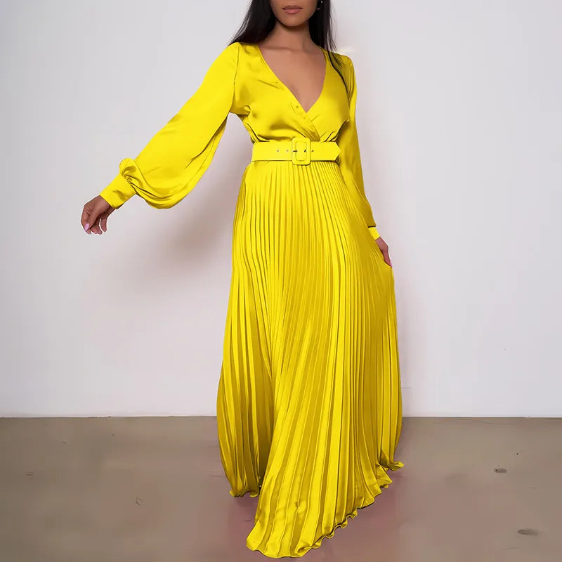 creamtopmall-Women Sexy Deep V-neck Swing Pleated Long Dress Spring High Waist Tie-up Belted Maxi Dress Autumn Long Sleeve Boho Party Dresses