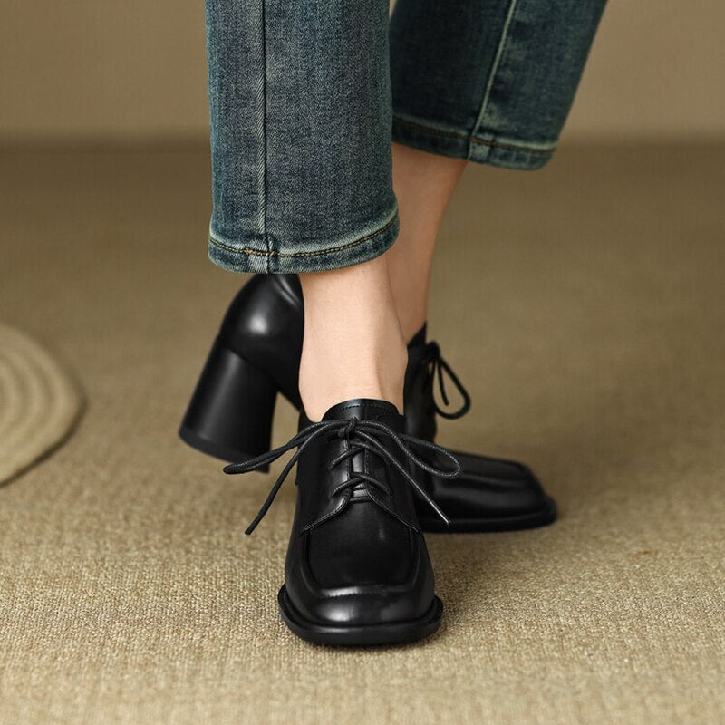 creamtopmall 2023 Spring Women Loafers Split Leather Pumps Women Round Toe Square Heel Women Shoes Casual High Heel Shoes Women Lace-up Shoes