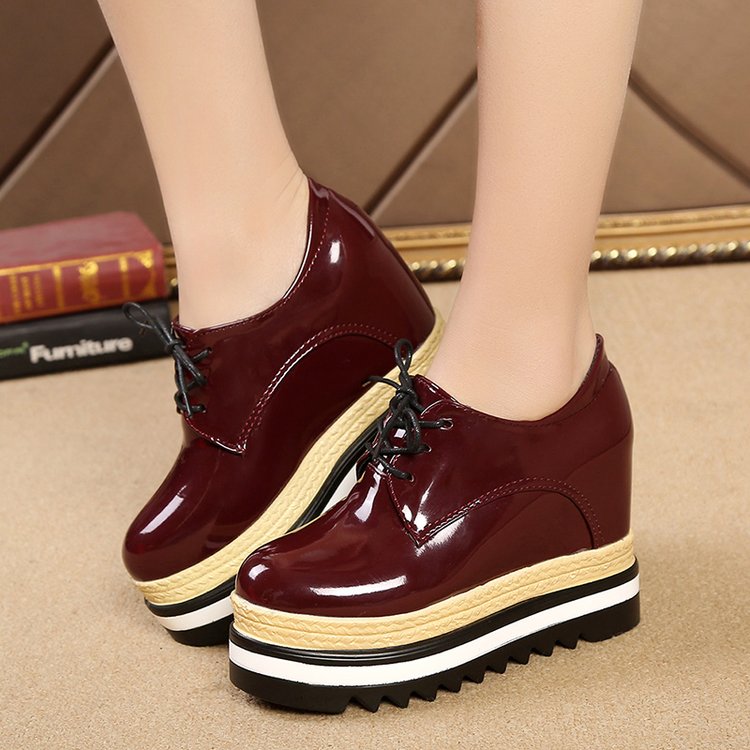 creamtopmall Brand Spring Casual Solid Women Shoes Patent Leather Lace-Up Loafers Platforms Sneakers British Style Ladies Oxfords W4