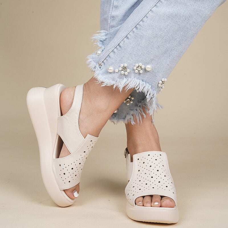 creamtopmall Women Sandals Summer Solid Ankle Straps Thick Wedge Heel Round Toe Lady Shoes Fashion Leisure Concise Cozy Females Shoes