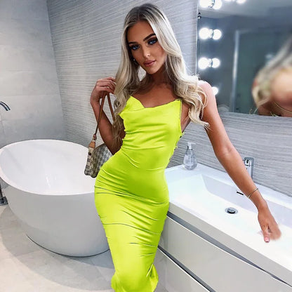 creamtopmall-Neon Satin Lace Up Women's Long Midi Dress Light Pink Bodycon Backless Elegant Party Sexy Club Clothes 2024 Summer Dinner Outfit