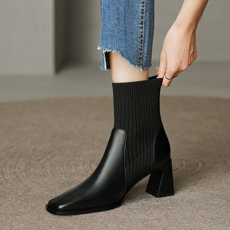 creamtopmall Winter Stretch Women Boots High Thick Heel Square Head Retro Lady Boot Knitted Socks Fashion Solid Concise Design   Shoe