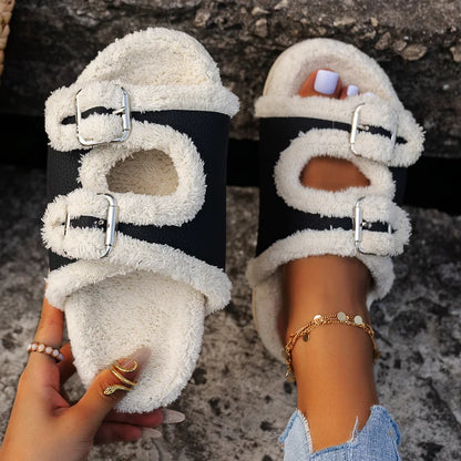 Women's Slippers Fur Plush Platform Wear Non-slip Slippers Casual Fashion Pin Buckle Roman Flip-flops Winter New Style