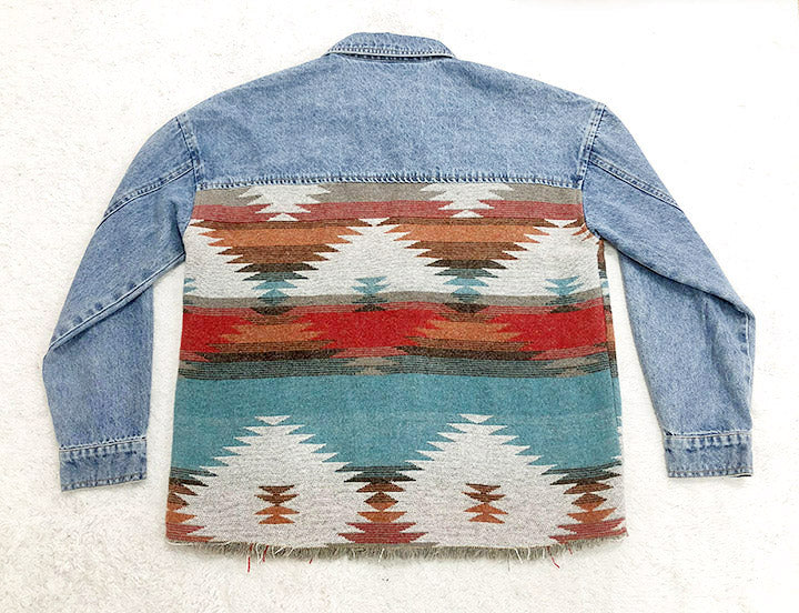 Creamtopmall Retro Aztec Lapel Pocket Denim Patchwork Jacket