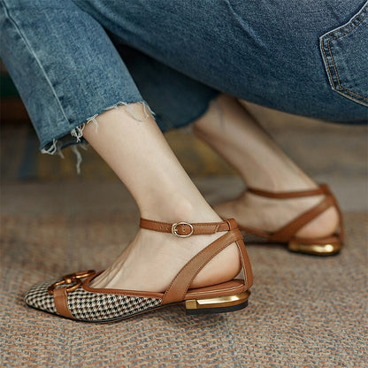 creamtopmall New French Retro Ladies Flats Korean Style One Line Buckle Female Sandals Fashionable Plaid Thick Heel Women's Shoes