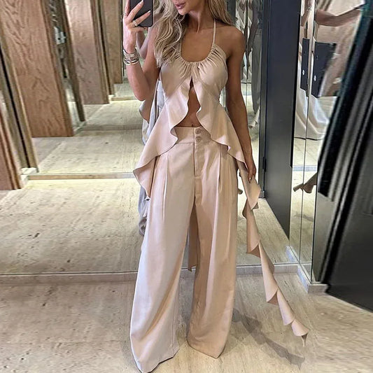 Antmvs- Spring Summer Hollow Ruffle Suits Sexy U-neck Backless Lace-up Top and Button Pants Outfits Women Sleeveless Two Piece Sets