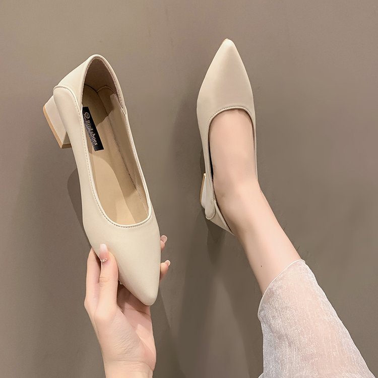 creamtopmall New Fashion Exquisite Ladies Beautiful Solid Color Shallow Mouth Thick Heel Soft Sole Pointed Toe Heel Shoes Ladies High Heels