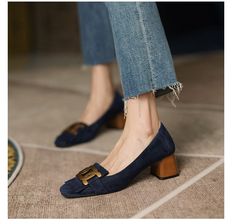 creamtopmall French Retro Metal Ladies Shoes Spring Buckle Square Head Women's Single Shoes Classic Thick Heels Soft Leather Female Pumps